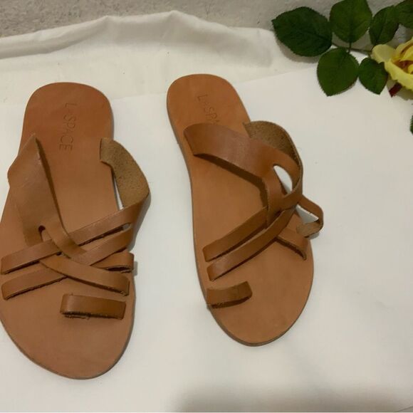 L*SPACE by Cocobelle Shore Break Tan Leather Strappy Sandals Slides 40 - Picture 2 of 7